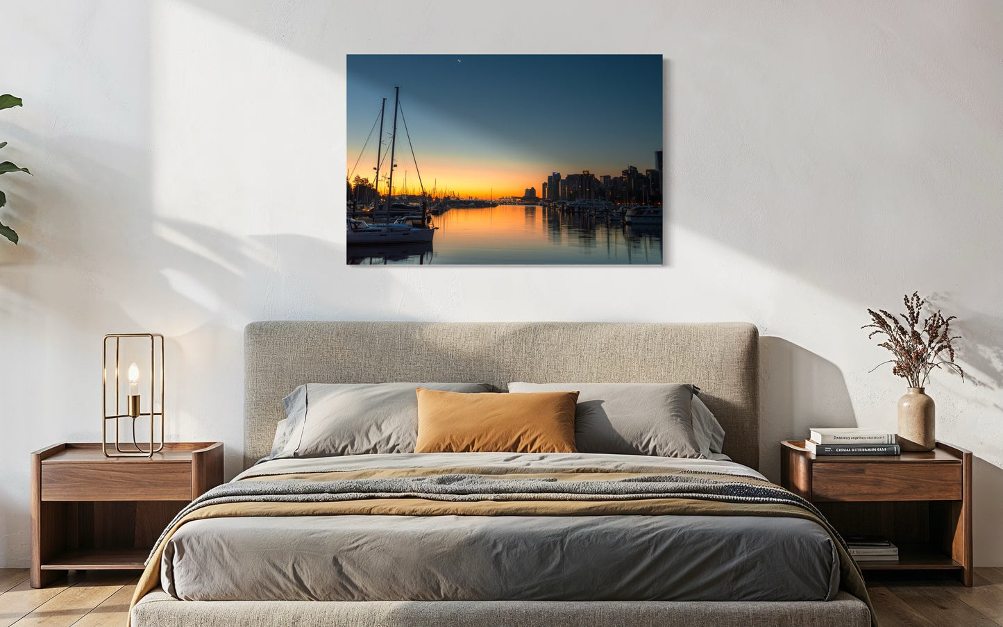 Vancouver Sunrise fine art print in contemporary bedroom interior — Vancouver Canada photography wall art