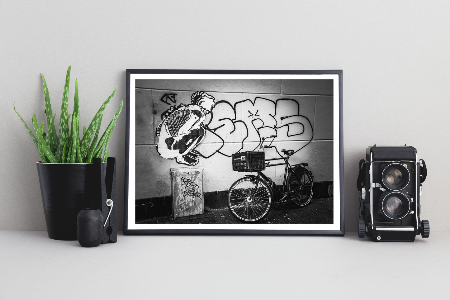 Street and Steel fine art print in elegant bedroom — Amsterdam Netherlands black and white wall art