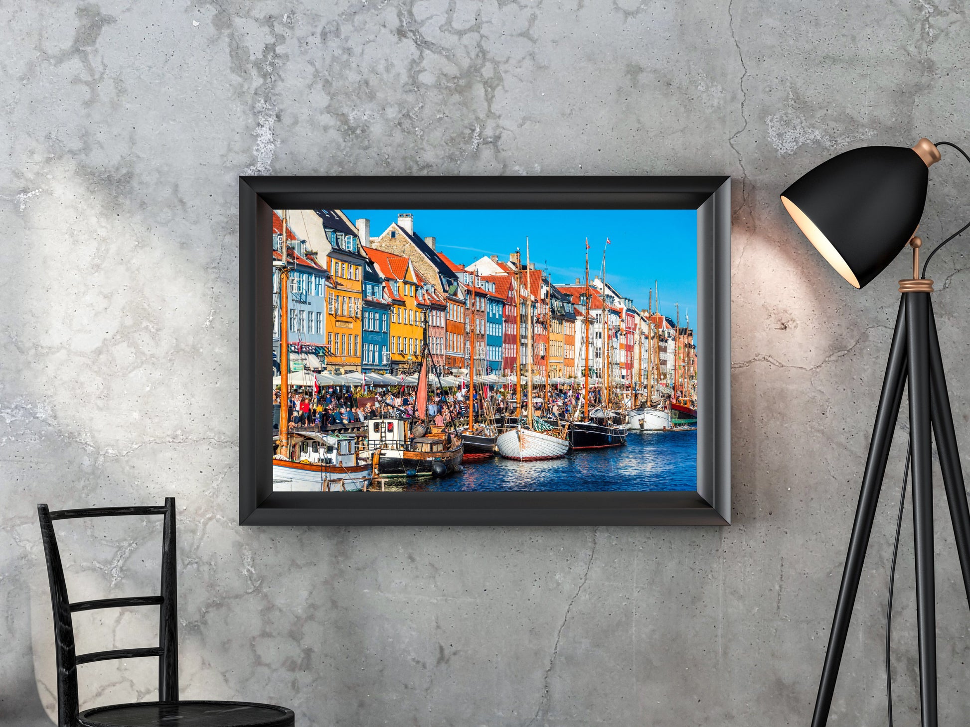Nyhavn fine art print displayed in modern living room — Copenhagen Denmark wall art by SDPhotography
