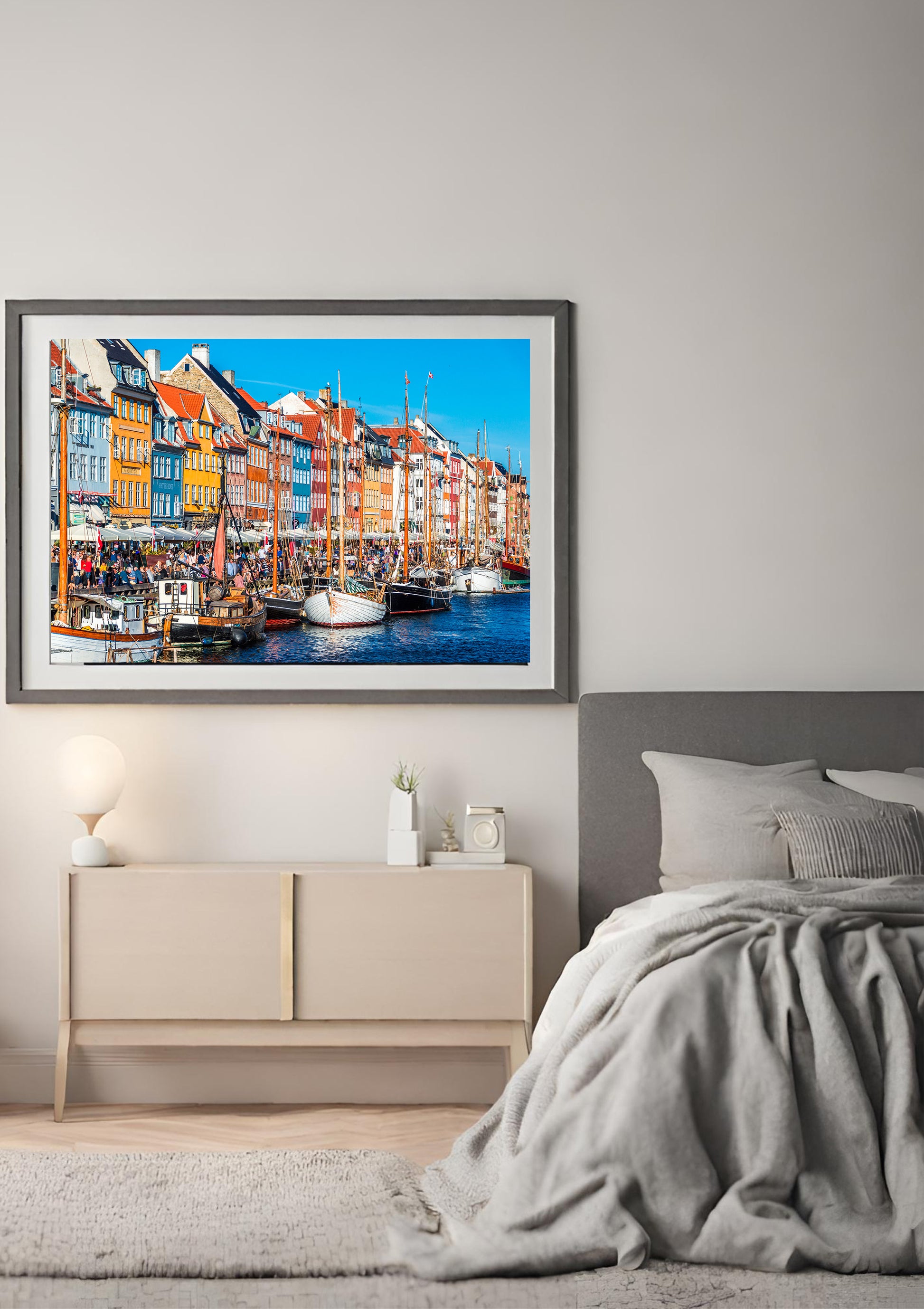 Nyhavn fine art print in contemporary home interior — Copenhagen Denmark photography wall art