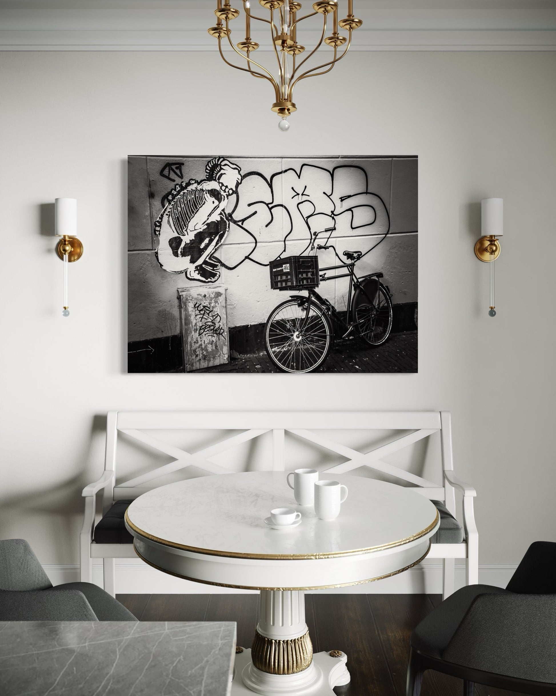 Street and Steel fine art print in modern living room — Amsterdam Netherlands black and white wall art by SDPhotography