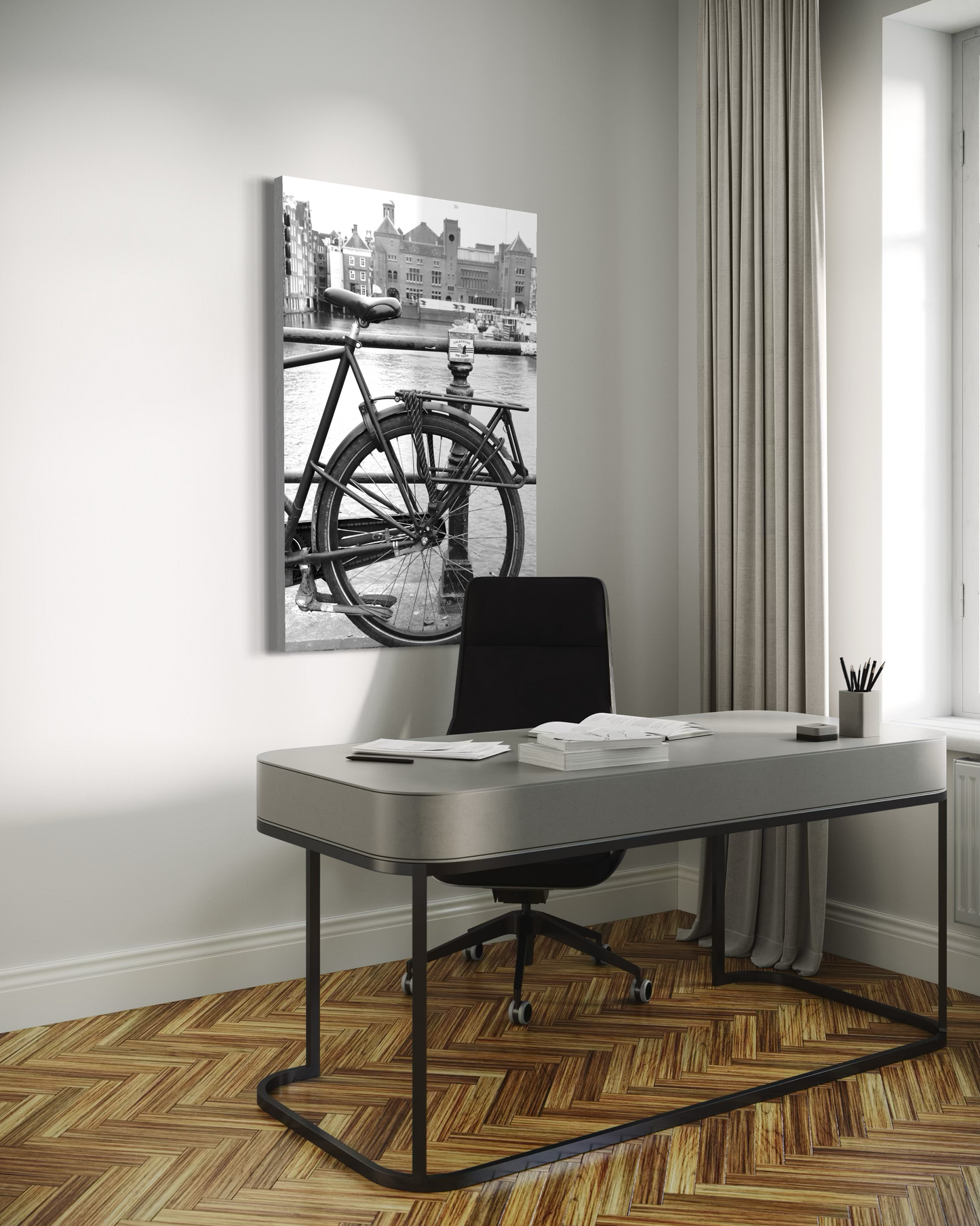 Amsterdam Grachtenfahrrad Schwarz-Weiß-Fotodruck | Metall, Leinwand & Papier