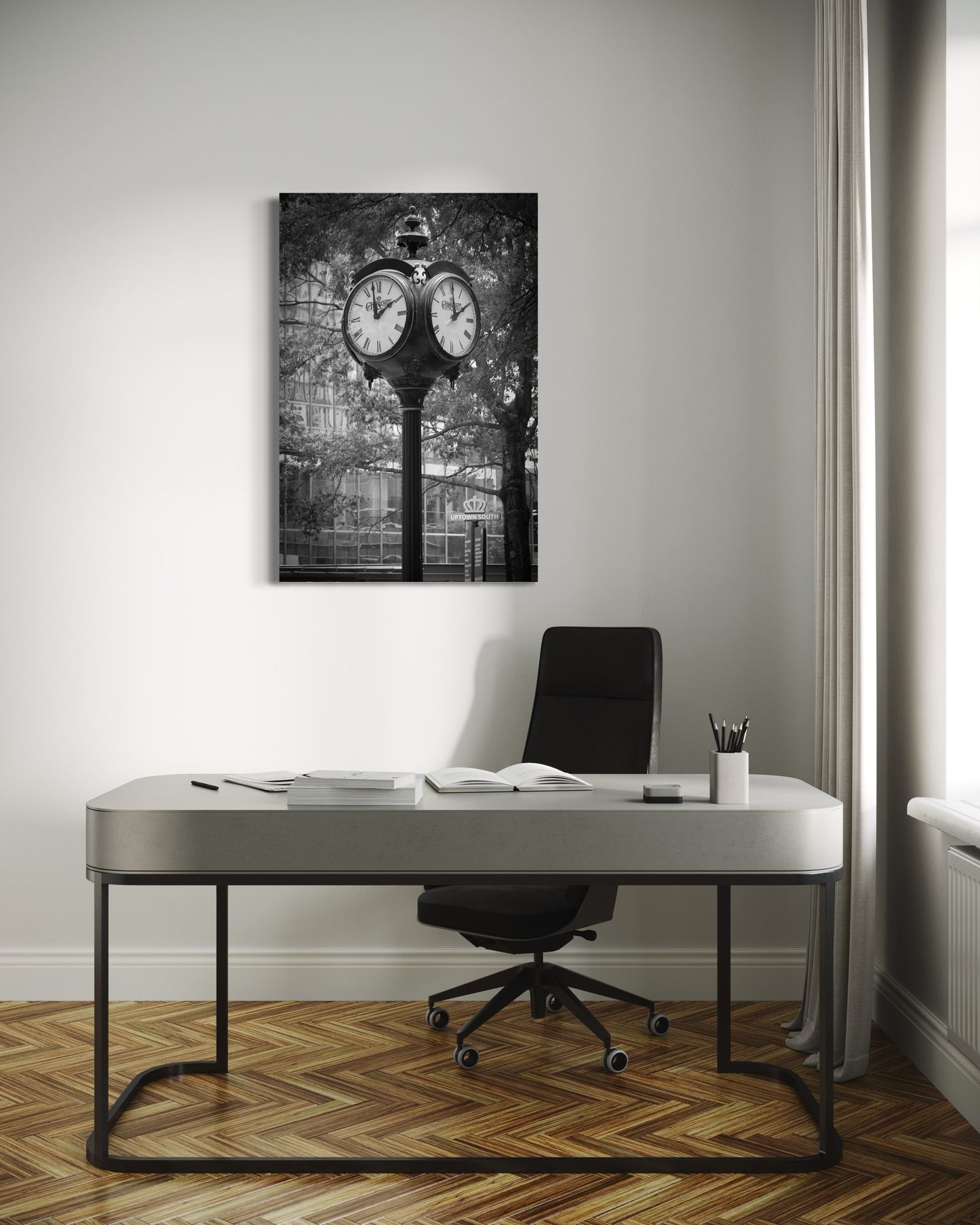 The Clock fine art print displayed in modern living room — Charlotte NC wall art by SDPhotography