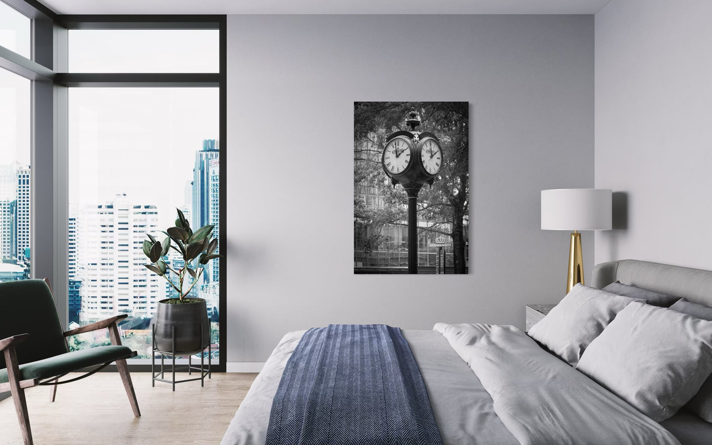 The Clock fine art print in contemporary home interior — Charlotte NC photography wall art