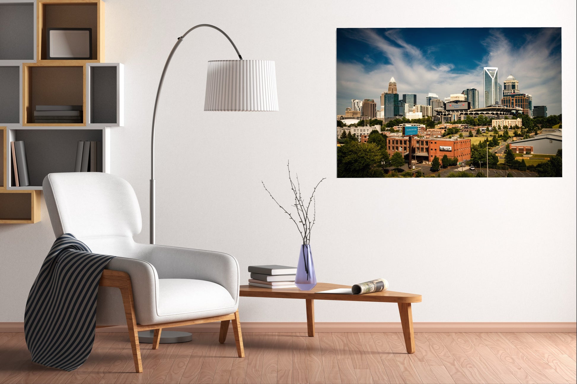 Queen City fine art print displayed in modern living room — Charlotte NC skyline wall art by SDPhotography