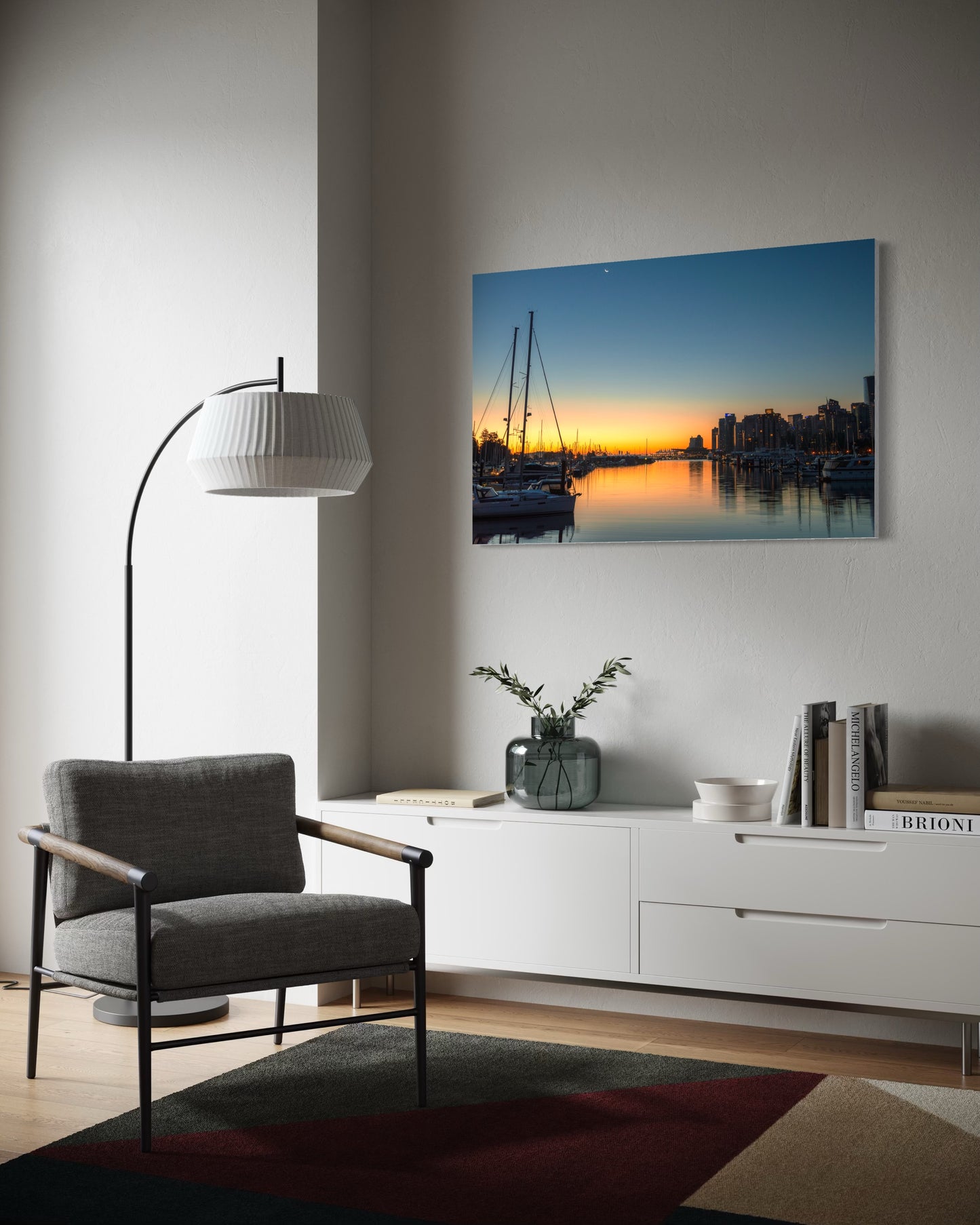 Vancouver Sunrise fine art print displayed in modern living room — Vancouver Canada wall art by SDPhotography