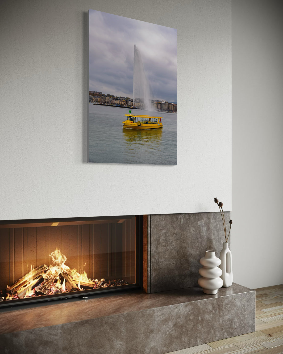 The Daily Route print of the yellow Mouette boat and Jet d'Eau, Geneva, shown on a wall in a styled room