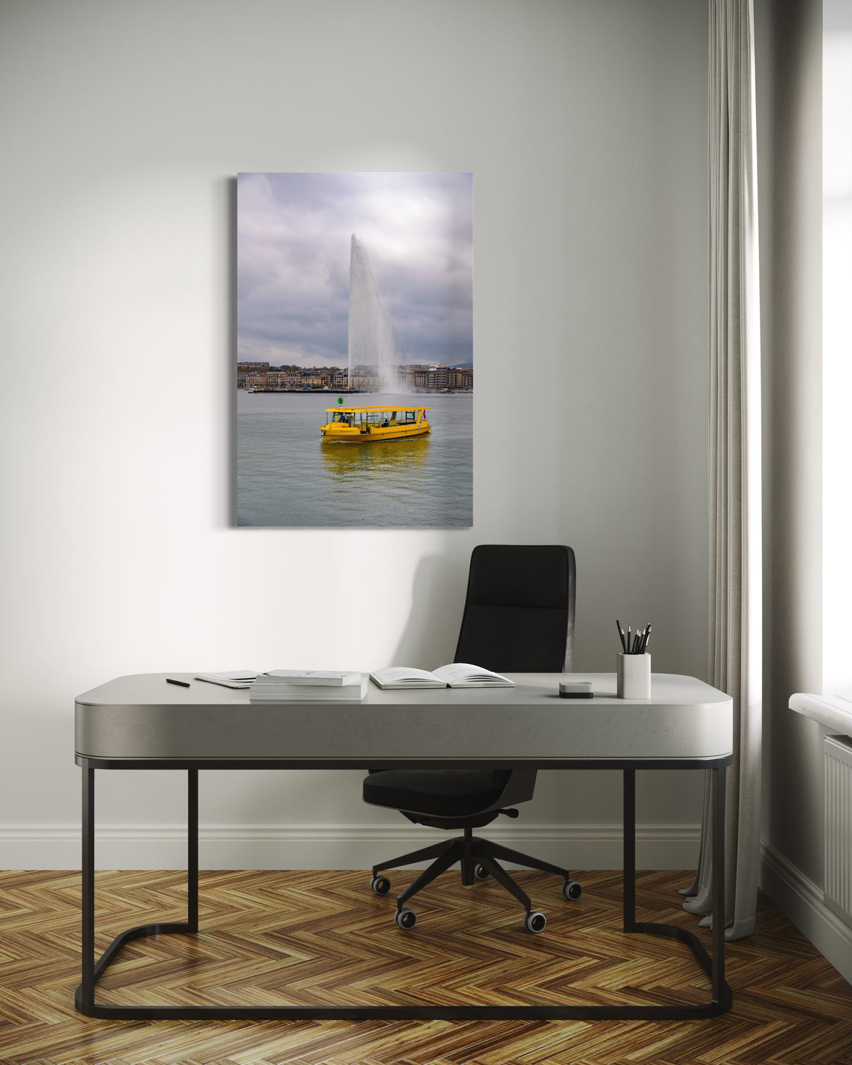 Room view of The Daily Route fine art print, Geneva, Switzerland, shown for scale