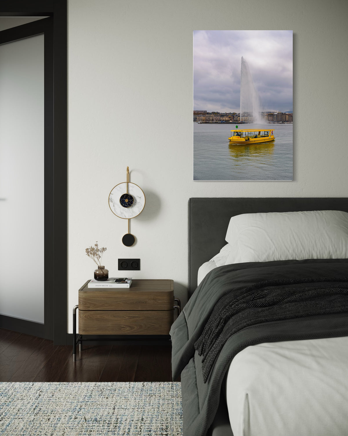 The Daily Route Lake Geneva photography print displayed as wall art in a modern interior