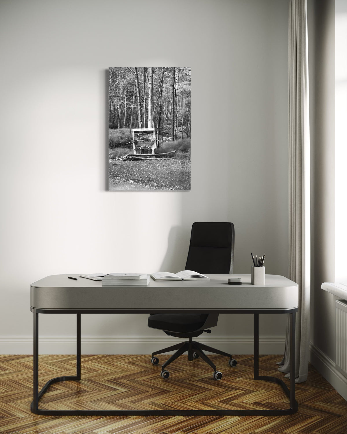 Dog Stick Library Anchorage, Alaska photography print displayed as wall art in a modern interior