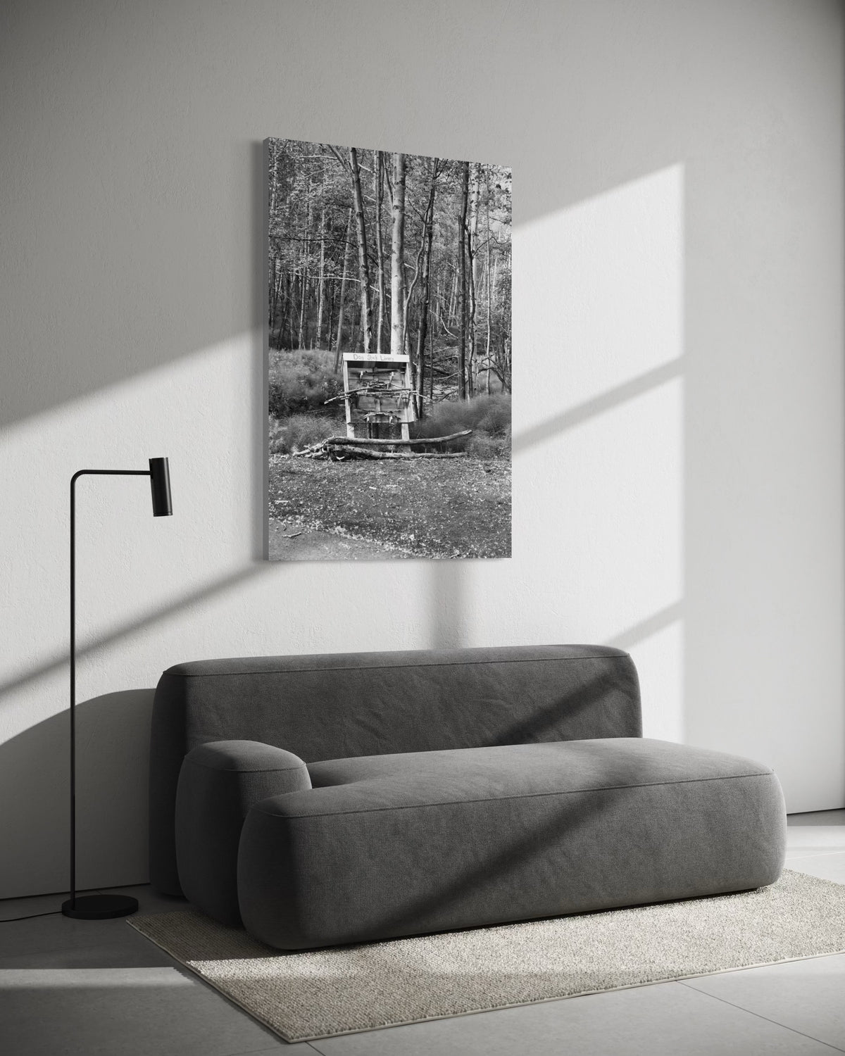 Room view of the Dog Stick Library fine art print, birch forest and stick shelf, hung on a wall