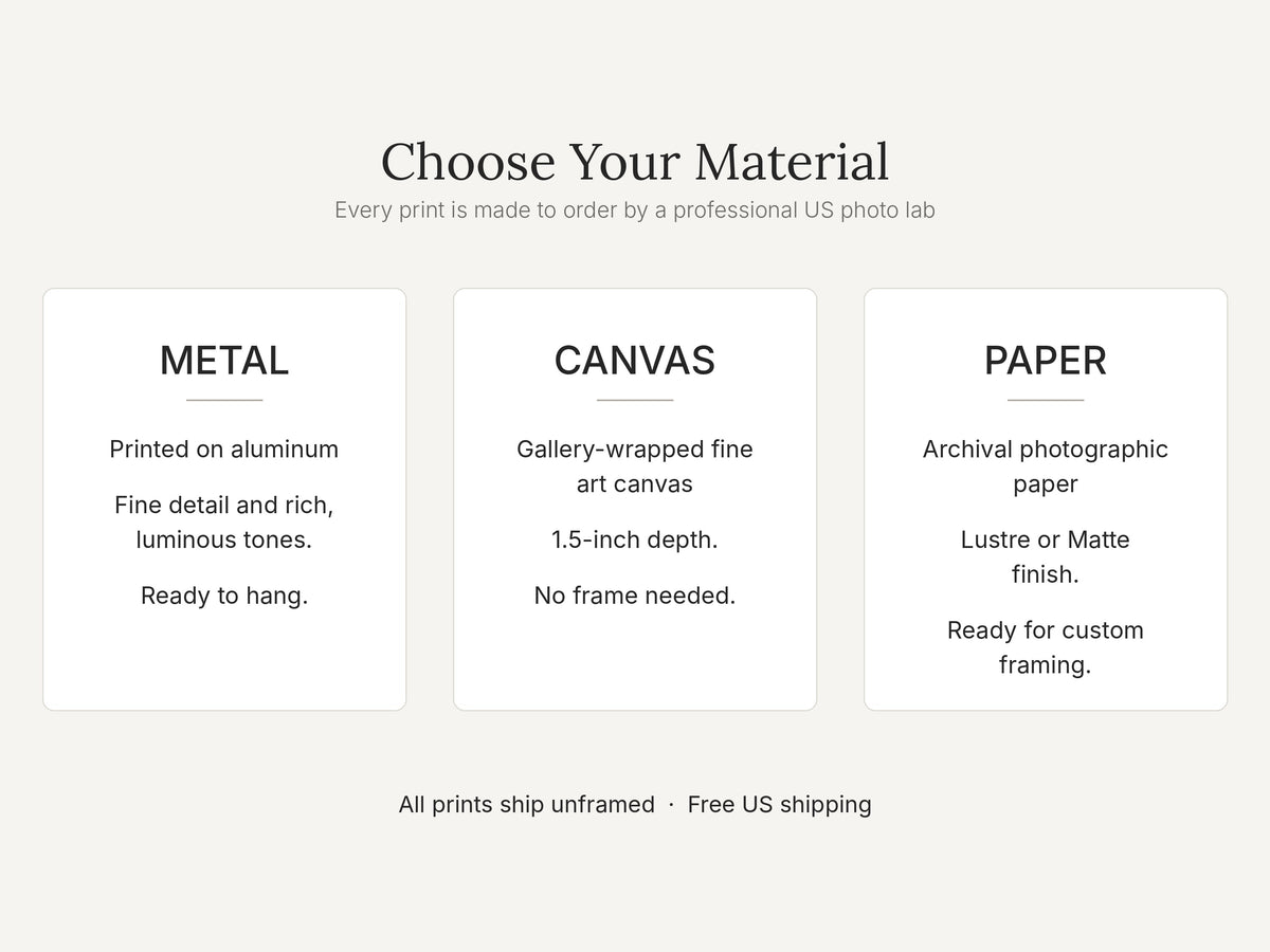 Material guide comparing metal, canvas and paper prints: metal printed on aluminum and ready to hang, gallery-wrapped canvas with 1.5-inch depth, archival paper in lustre or matte finish