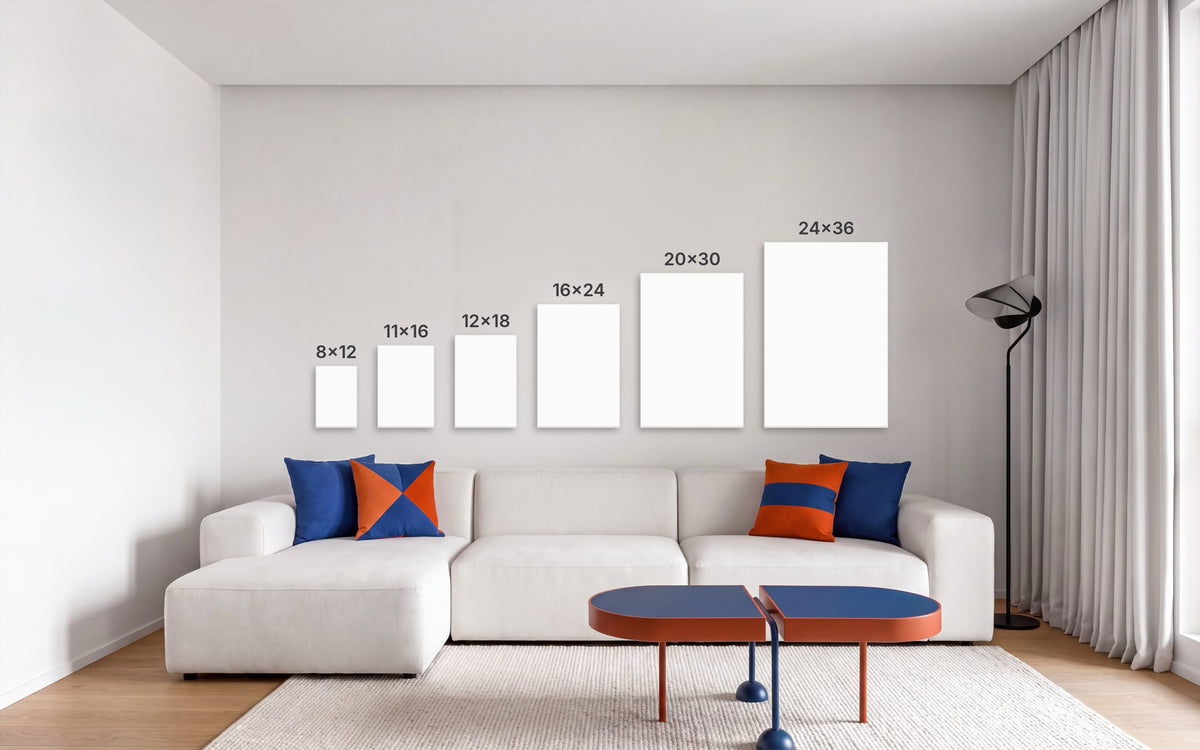 Size guide showing portrait print sizes 8×12, 11×16, 12×18, 16×24, 20×30 and 24×36 inches above a sofa for scale