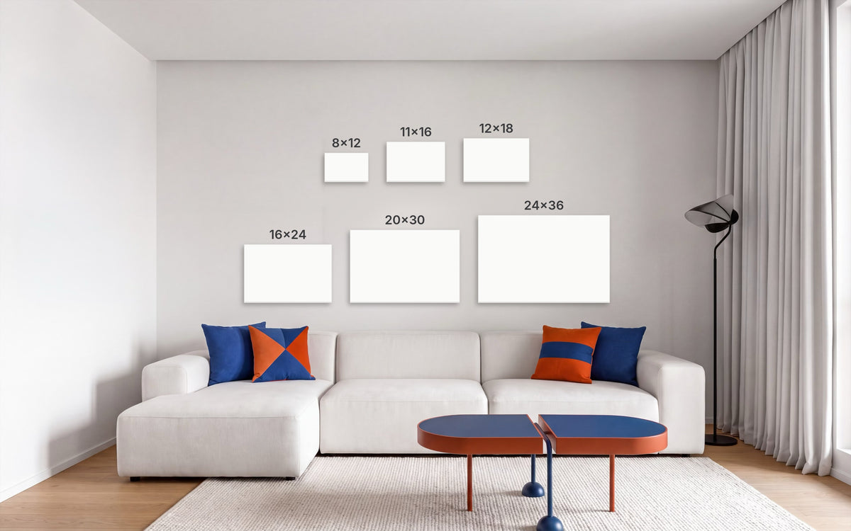 Size guide showing landscape print sizes 8×12, 11×16, 12×18, 16×24, 20×30 and 24×36 inches above a sofa for scale
