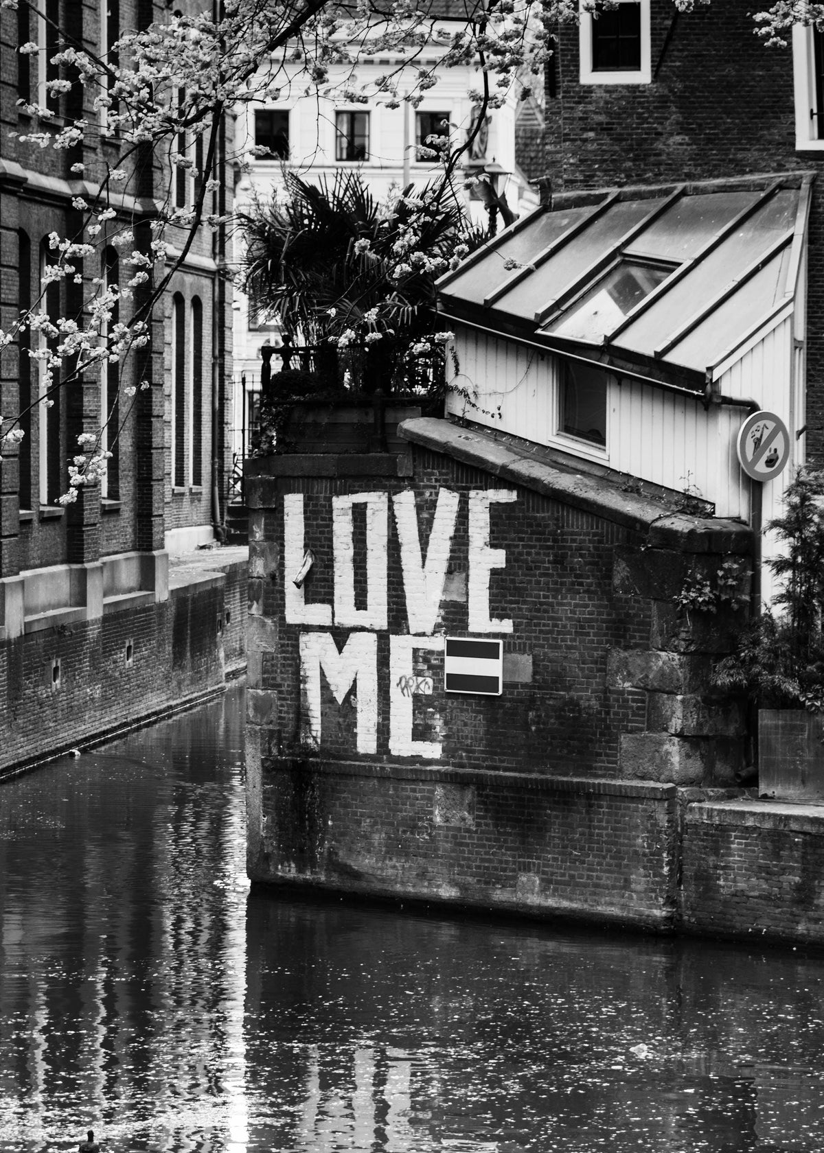 LOVE ME painted in white letters on a brick wall at a canal corner in Amsterdam, with blossom branches above, a white wooden building with a glass roof, and the canal reflecting below. Love Me black and white fine art photography print